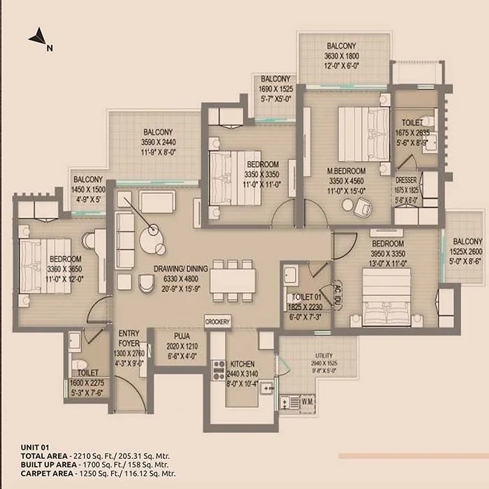 4 BHK Apartment + 3 Toilets